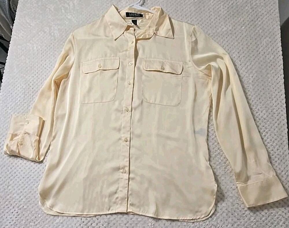 Lauren Ralph Lauren Womens L Cream Satin Button Down Blouse Long Sleeve Pockets